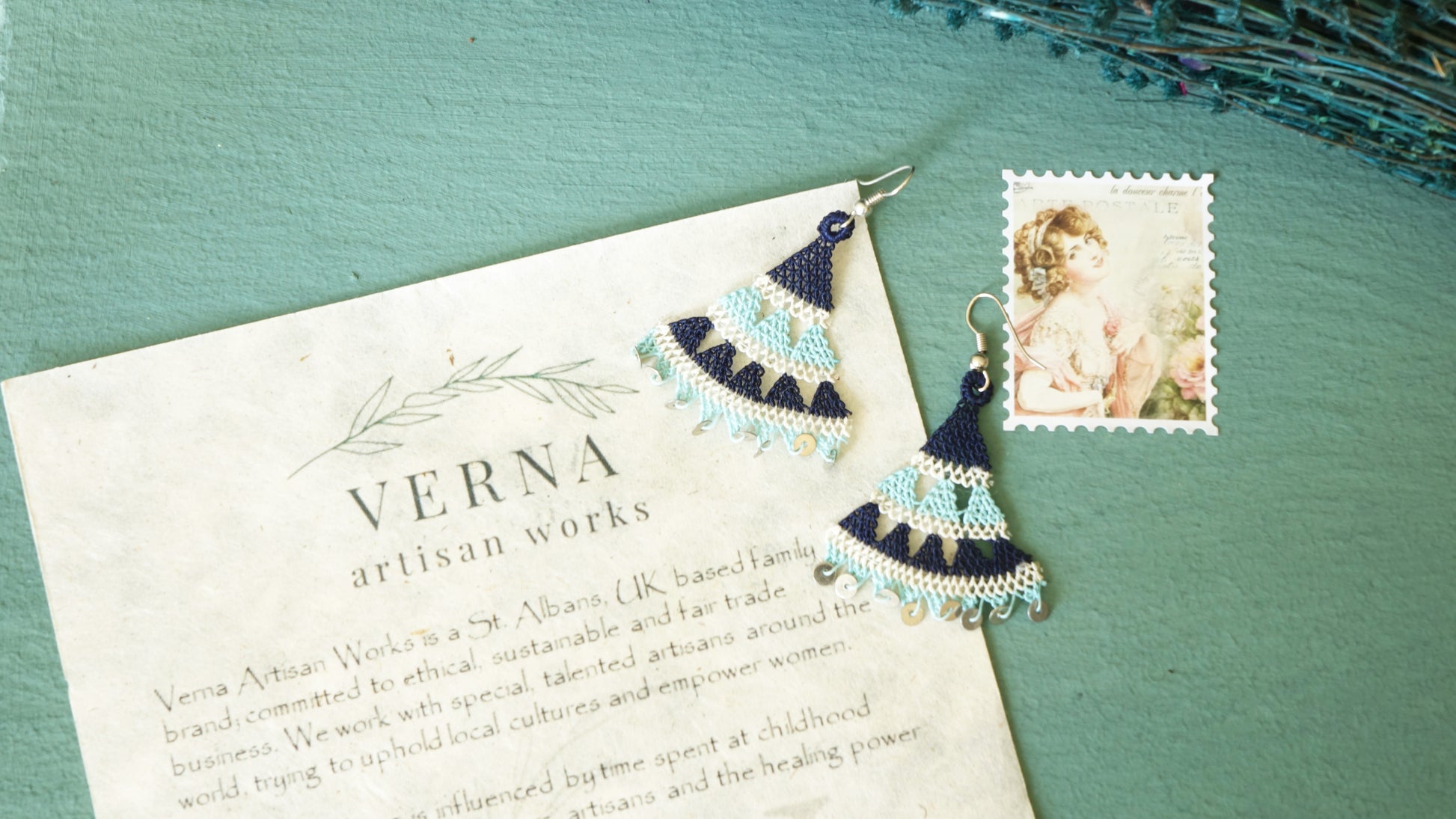 Floral Needle Lace Earrings - Light & Dark Blue - Verna Artisan Works