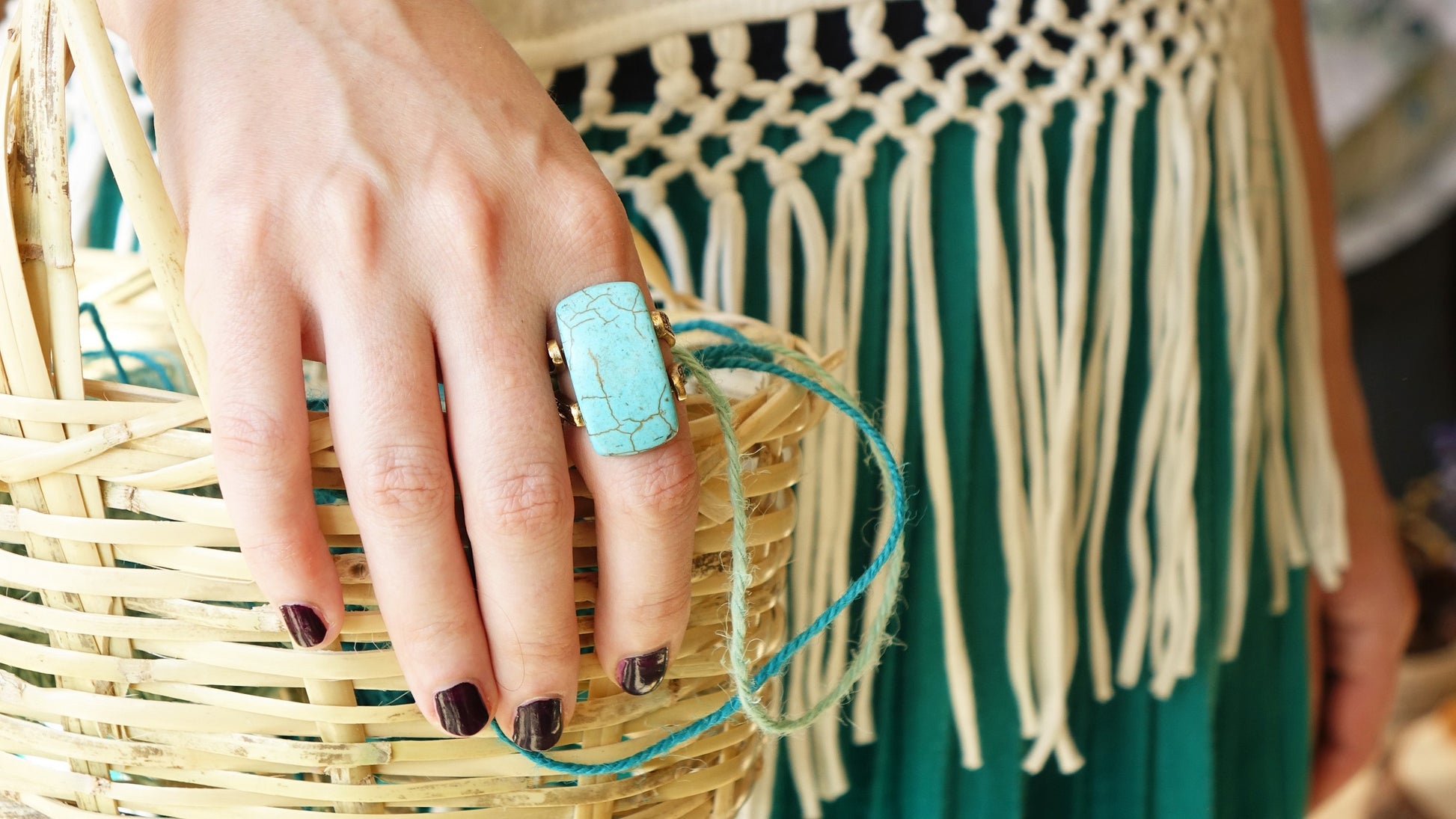 Ancient Goddess Chic Ring - Braided Turquoise - Verna Artisan Works