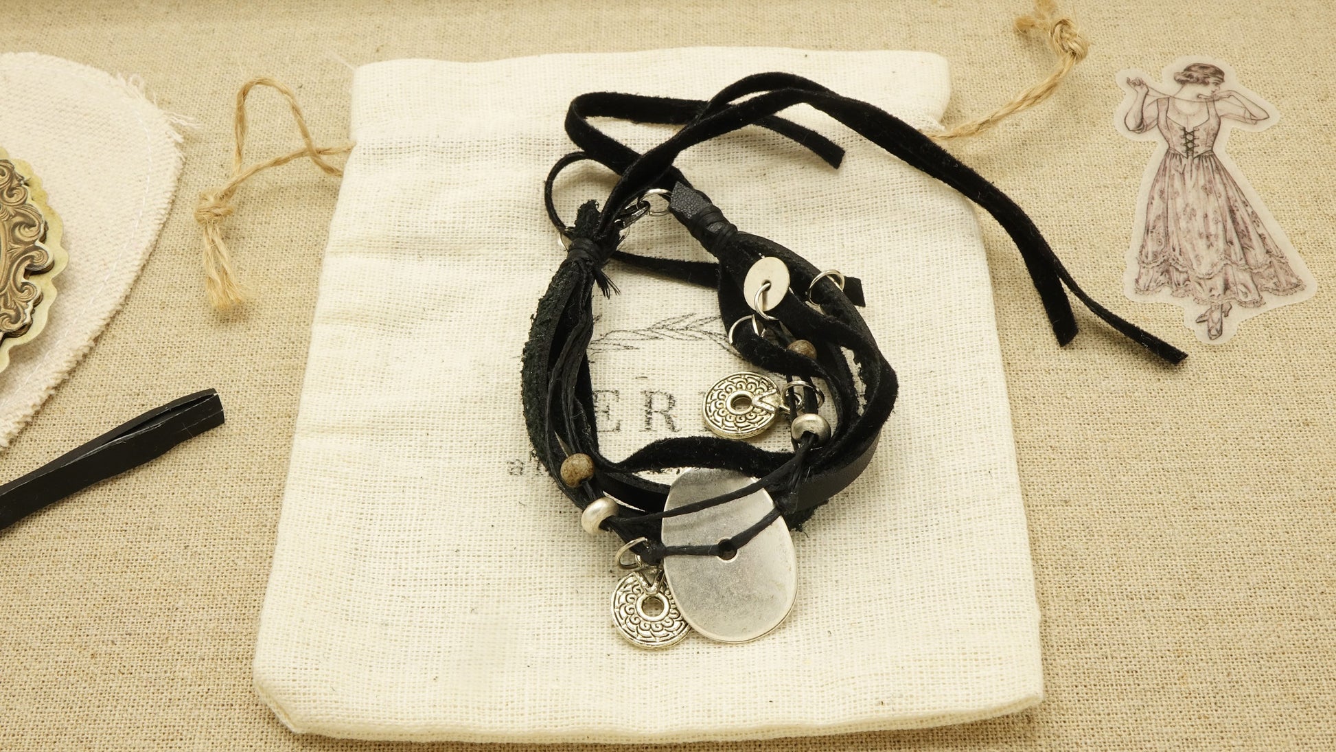 Victorian Style Leather Bracelet - Charmed - Verna Artisan Works