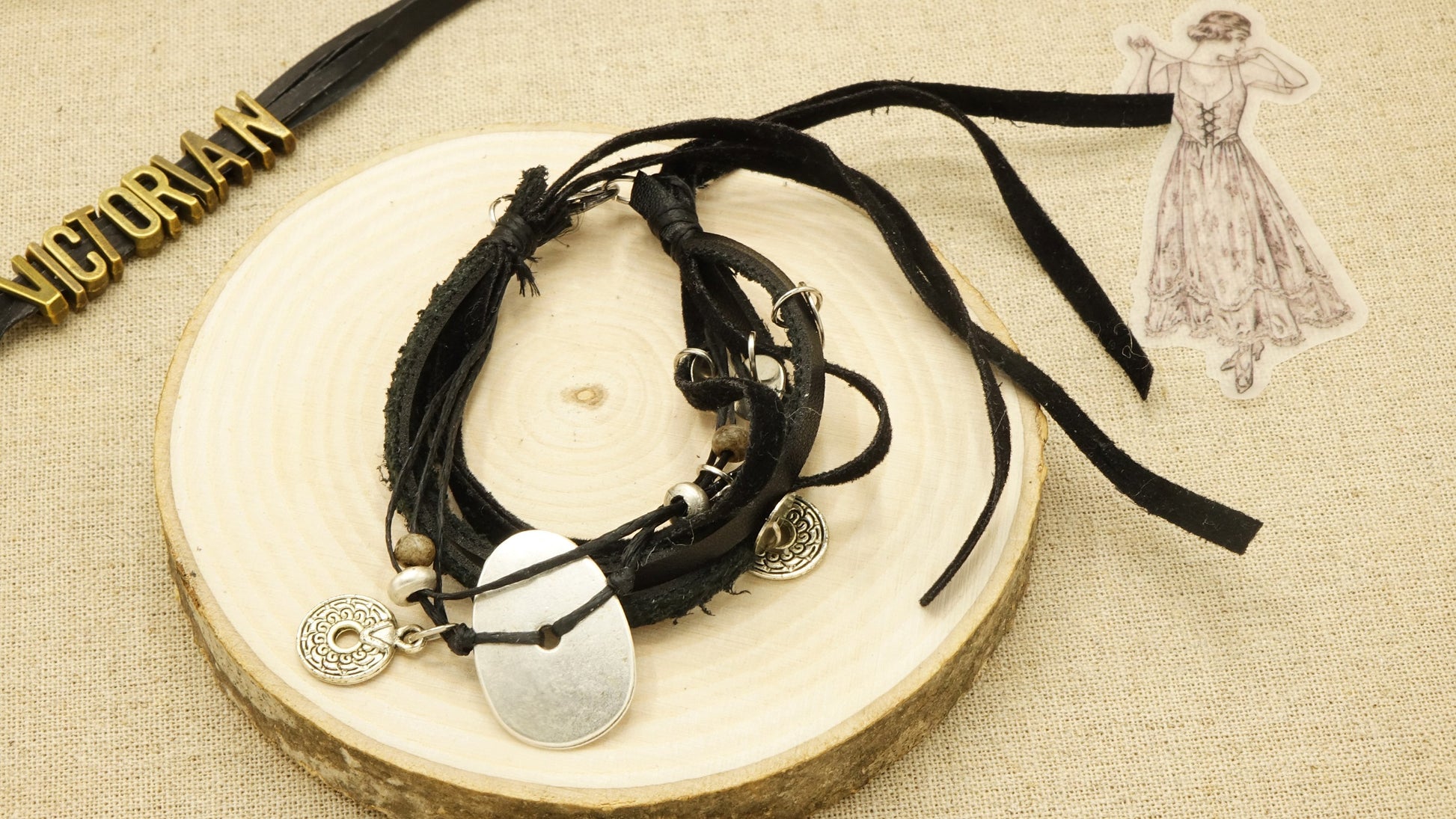 Victorian Style Leather Bracelet - Charmed - Verna Artisan Works