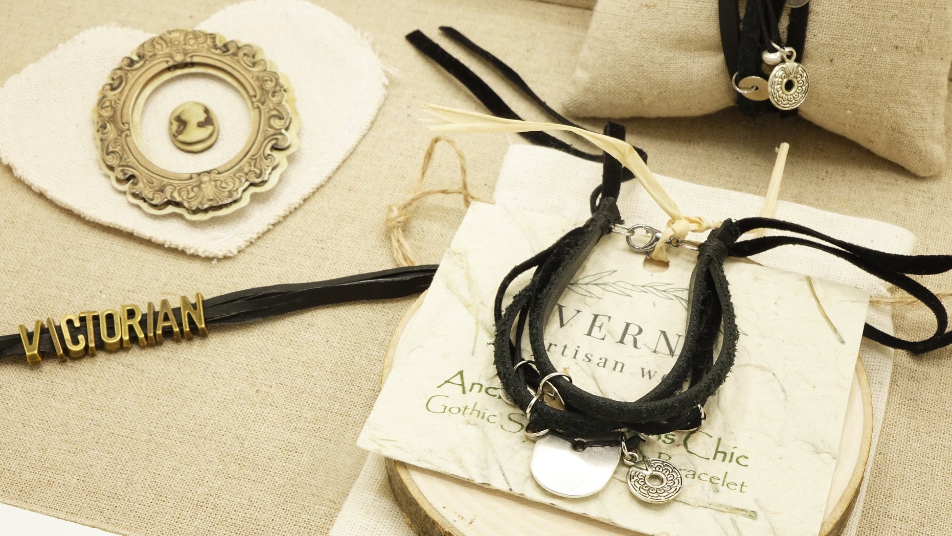 Victorian Style Leather Bracelet - Charmed - Verna Artisan Works